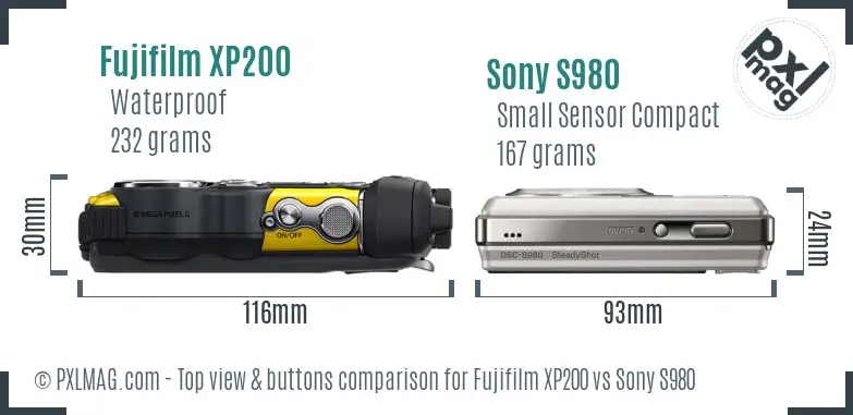 Fujifilm XP200 vs Sony S980 top view buttons comparison
