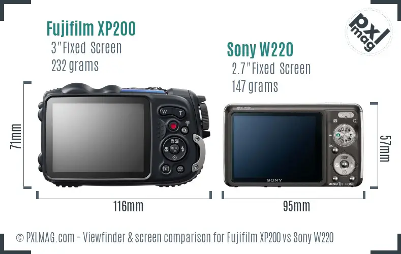 Fujifilm XP200 vs Sony W220 Screen and Viewfinder comparison