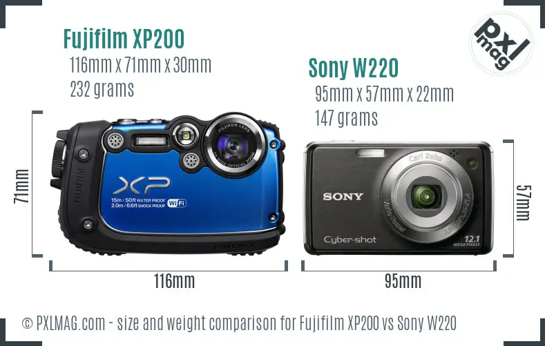 Fujifilm XP200 vs Sony W220 size comparison
