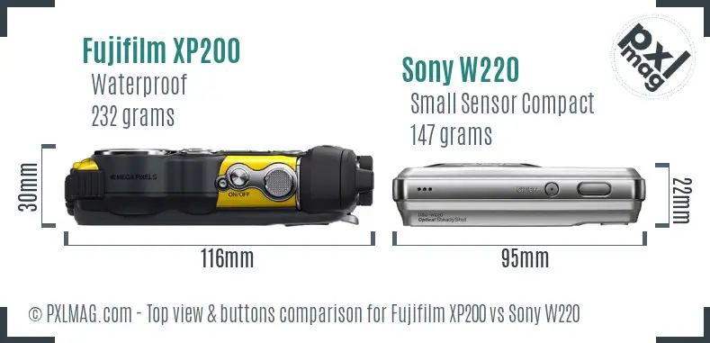 Fujifilm XP200 vs Sony W220 top view buttons comparison