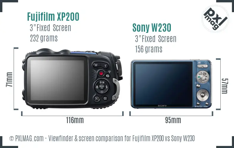 Fujifilm XP200 vs Sony W230 Screen and Viewfinder comparison