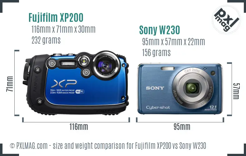 Fujifilm XP200 vs Sony W230 size comparison