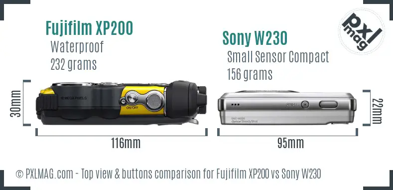 Fujifilm XP200 vs Sony W230 top view buttons comparison