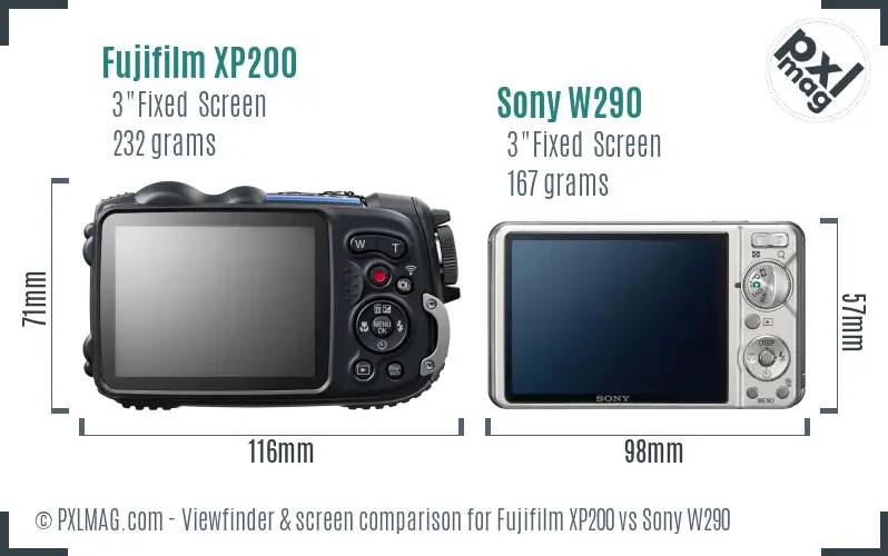 Fujifilm XP200 vs Sony W290 Screen and Viewfinder comparison