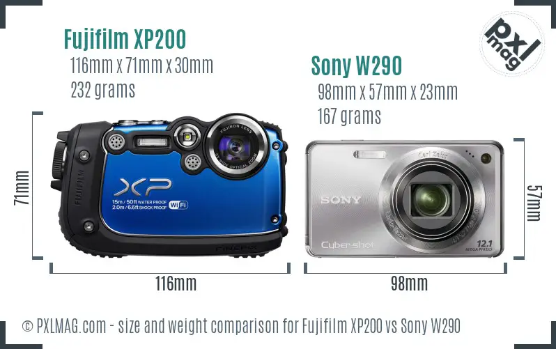 Fujifilm XP200 vs Sony W290 size comparison
