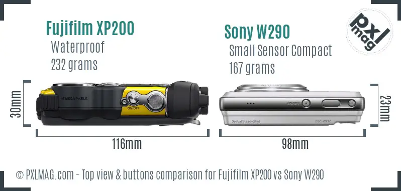 Fujifilm XP200 vs Sony W290 top view buttons comparison