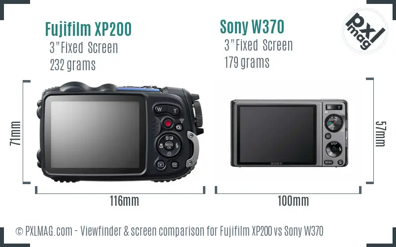 Fujifilm XP200 vs Sony W370 Screen and Viewfinder comparison