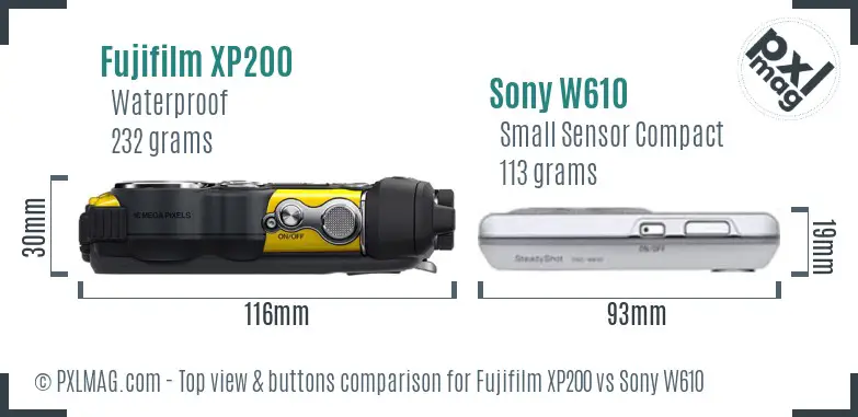 Fujifilm XP200 vs Sony W610 top view buttons comparison Fujifilm XP200 vs Sony W610 top view buttons comparison
