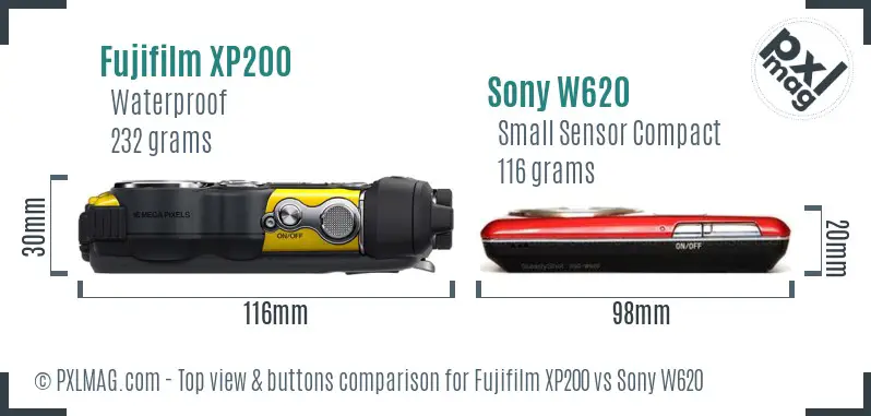 Fujifilm XP200 vs Sony W620 top view buttons comparison