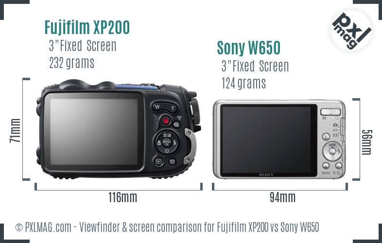 Fujifilm XP200 vs Sony W650 Screen and Viewfinder comparison
