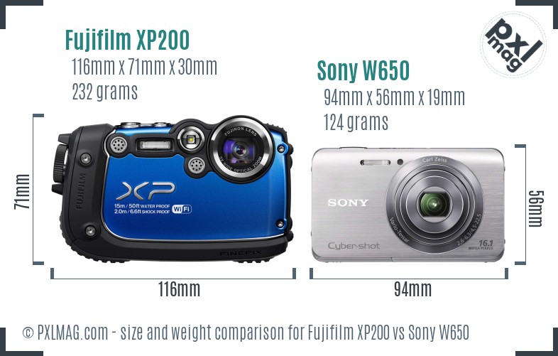 Fujifilm XP200 vs Sony W650 size comparison