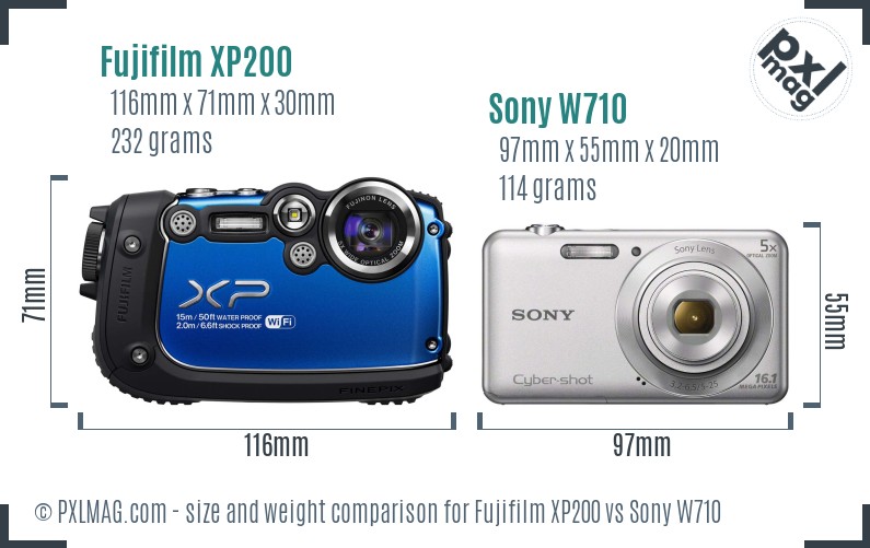 Fujifilm XP200 vs Sony W710 size comparison