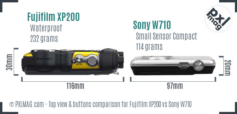 Fujifilm XP200 vs Sony W710 top view buttons comparison
