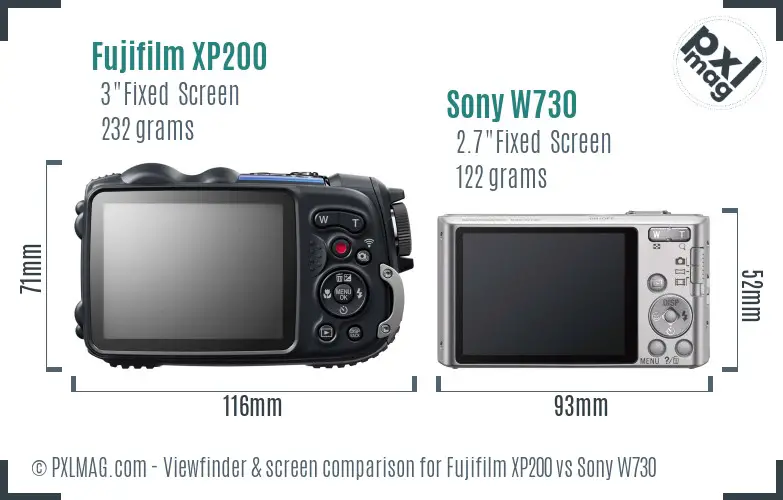 Fujifilm XP200 vs Sony W730 Screen and Viewfinder comparison
