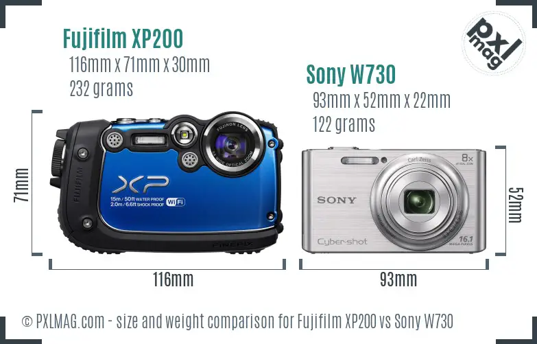 Fujifilm XP200 vs Sony W730 size comparison