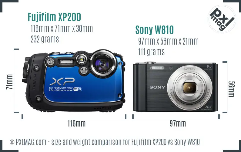 Fujifilm XP200 vs Sony W810 size comparison
