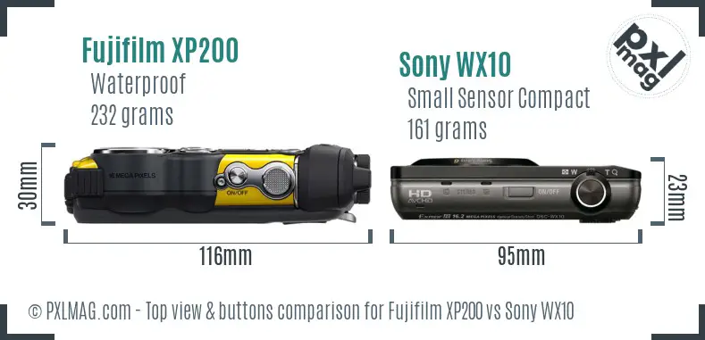 Fujifilm XP200 vs Sony WX10 top view buttons comparison Fujifilm XP200 vs Sony WX10 top view buttons comparison