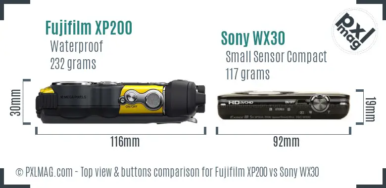 Fujifilm XP200 vs Sony WX30 top view buttons comparison