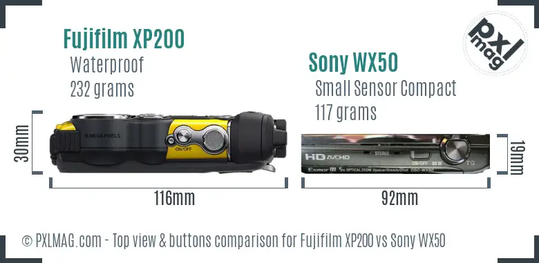 Fujifilm XP200 vs Sony WX50 top view buttons comparison