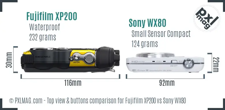 Fujifilm XP200 vs Sony WX80 top view buttons comparison Fujifilm XP200 vs Sony WX80 top view buttons comparison
