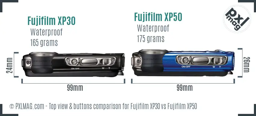 Fujifilm XP30 vs Fujifilm XP50 top view buttons comparison