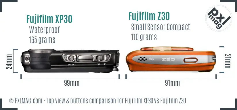 Fujifilm XP30 vs Fujifilm Z30 top view buttons comparison