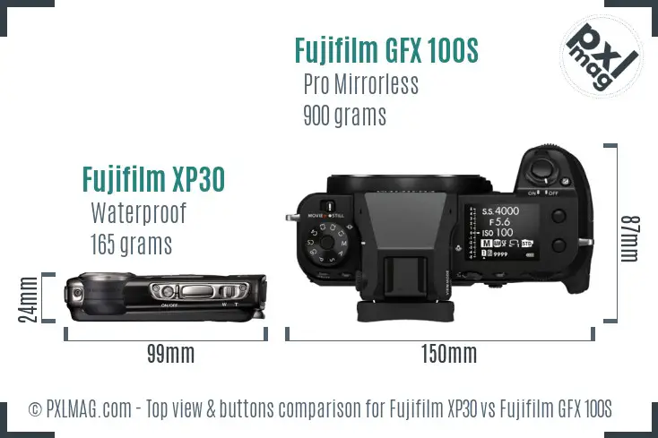 Fujifilm XP30 vs Fujifilm GFX 100S top view buttons comparison Fujifilm XP30 vs Fujifilm GFX 100S top view buttons comparison