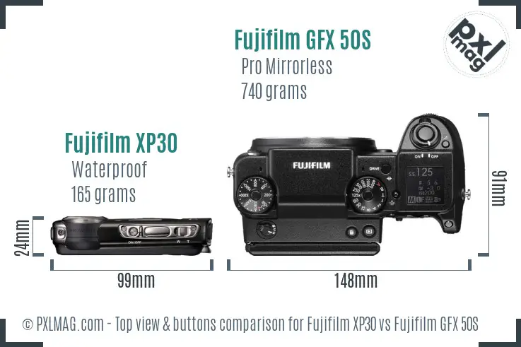 Fujifilm XP30 vs Fujifilm GFX 50S top view buttons comparison