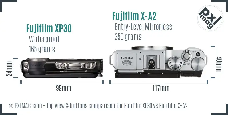 Fujifilm XP30 vs Fujifilm X-A2 top view buttons comparison Fujifilm XP30 vs Fujifilm X-A2 top view buttons comparison