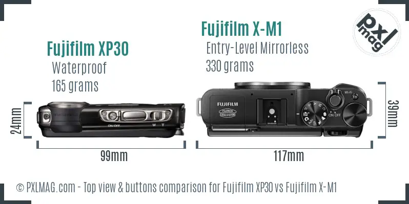 Fujifilm XP30 vs Fujifilm X-M1 top view buttons comparison