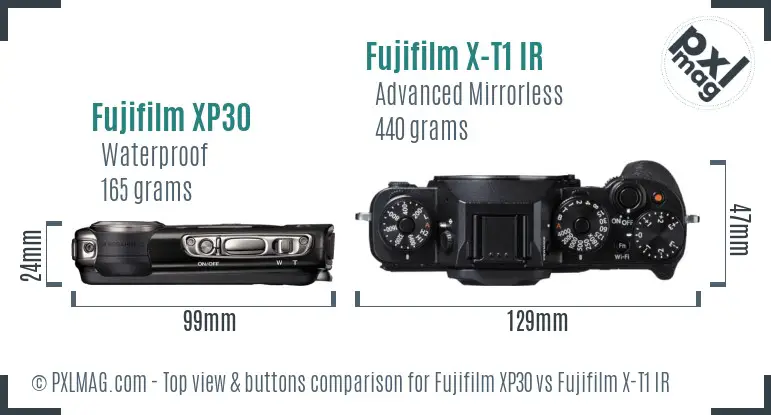 Fujifilm XP30 vs Fujifilm X-T1 IR top view buttons comparison