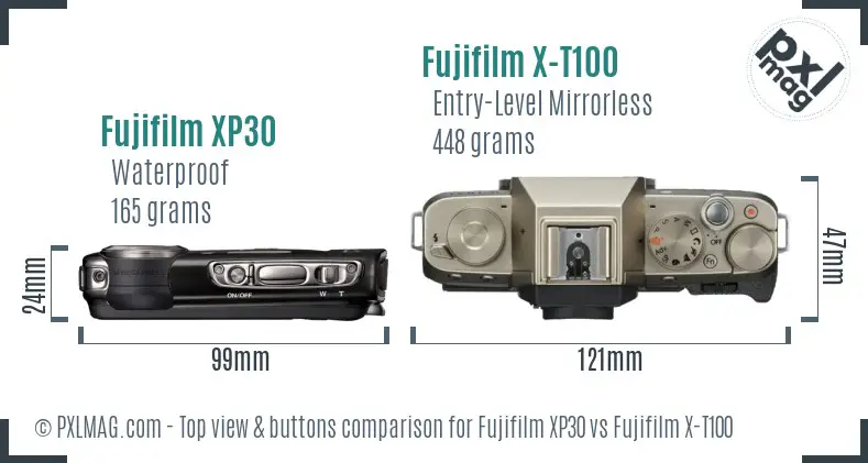 Fujifilm XP30 vs Fujifilm X-T100 top view buttons comparison