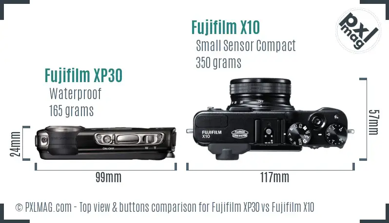 Fujifilm XP30 vs Fujifilm X10 top view buttons comparison