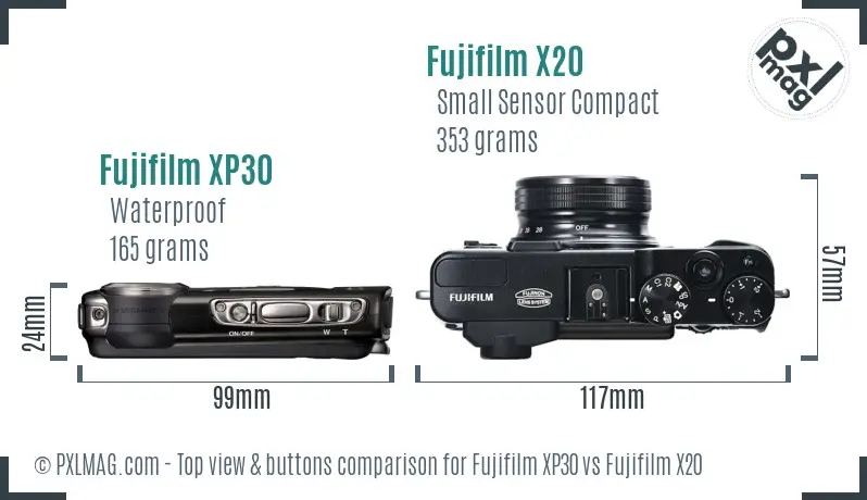 Fujifilm XP30 vs Fujifilm X20 top view buttons comparison Fujifilm XP30 vs Fujifilm X20 top view buttons comparison