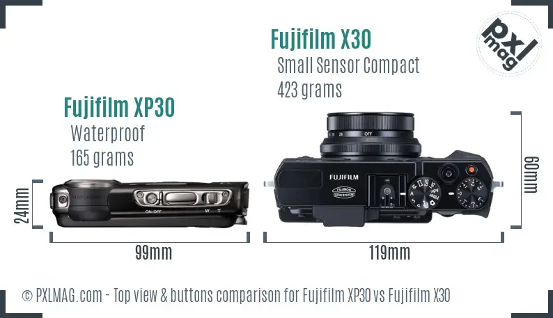 Fujifilm XP30 vs Fujifilm X30 top view buttons comparison Fujifilm XP30 vs Fujifilm X30 top view buttons comparison