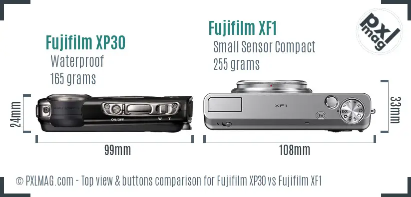 Fujifilm XP30 vs Fujifilm XF1 top view buttons comparison