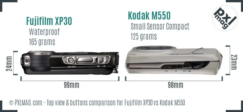 Fujifilm XP30 vs Kodak M550 top view buttons comparison