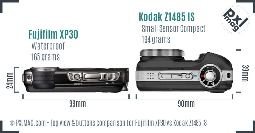 Fujifilm XP30 vs Kodak Z1485 IS top view buttons comparison