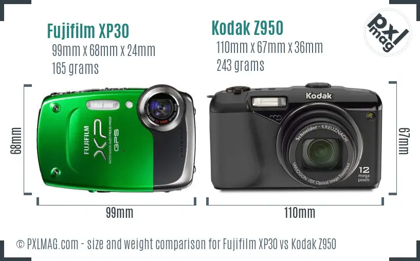 Fujifilm XP30 vs Kodak Z950 size comparison