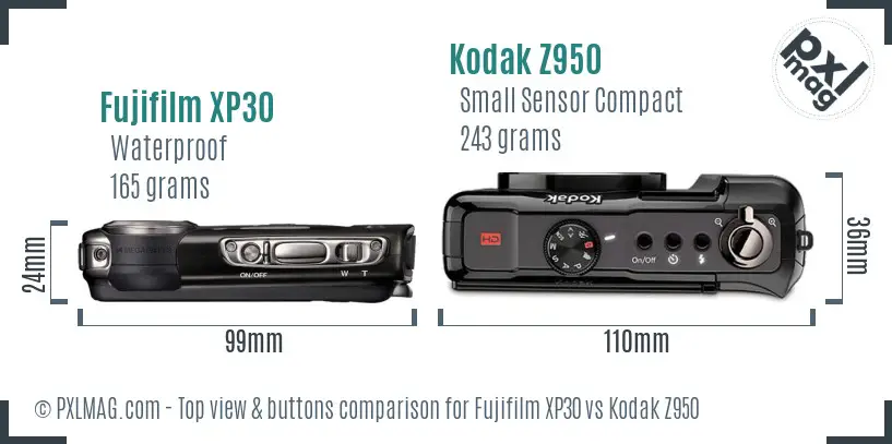 Fujifilm XP30 vs Kodak Z950 top view buttons comparison