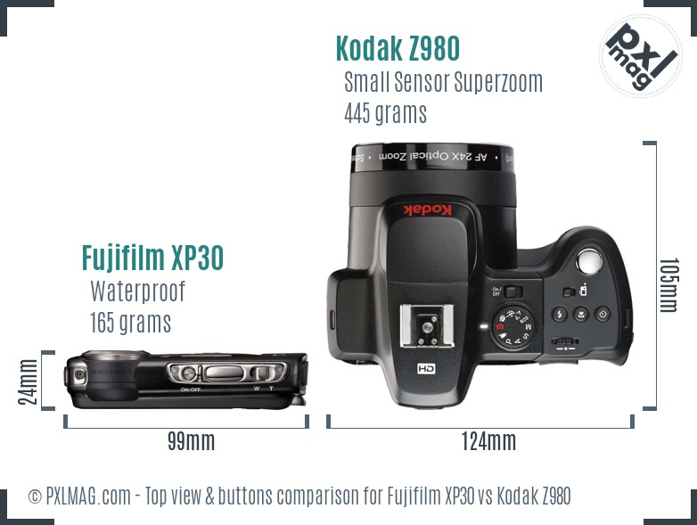 Fujifilm XP30 vs Kodak Z980 top view buttons comparison