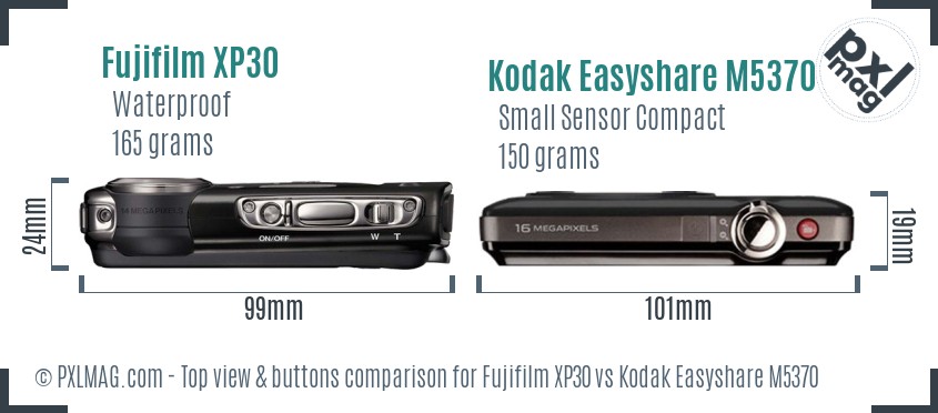 Fujifilm XP30 vs Kodak Easyshare M5370 top view buttons comparison