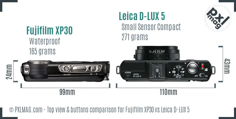 Fujifilm XP30 vs Leica D-LUX 5 top view buttons comparison