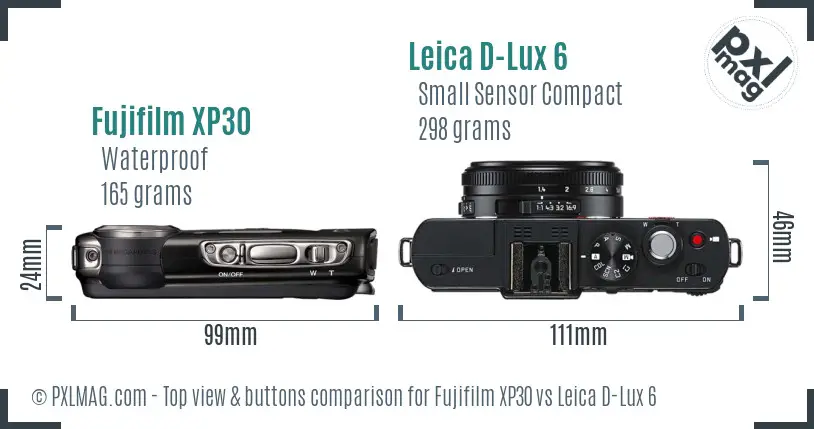Fujifilm XP30 vs Leica D-Lux 6 top view buttons comparison Fujifilm XP30 vs Leica D-Lux 6 top view buttons comparison