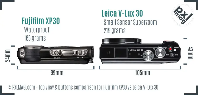 Fujifilm XP30 vs Leica V-Lux 30 top view buttons comparison