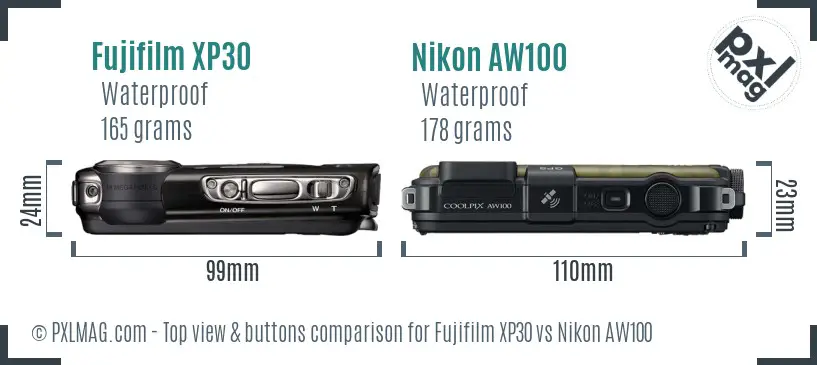 Fujifilm XP30 vs Nikon AW100 top view buttons comparison Fujifilm XP30 vs Nikon AW100 top view buttons comparison