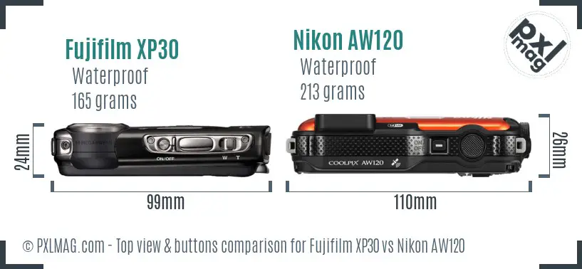 Fujifilm XP30 vs Nikon AW120 top view buttons comparison