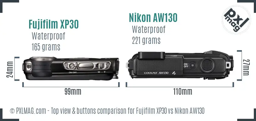 Fujifilm XP30 vs Nikon AW130 top view buttons comparison