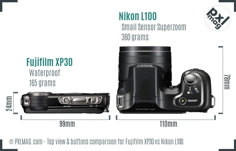 Fujifilm XP30 vs Nikon L100 top view buttons comparison
