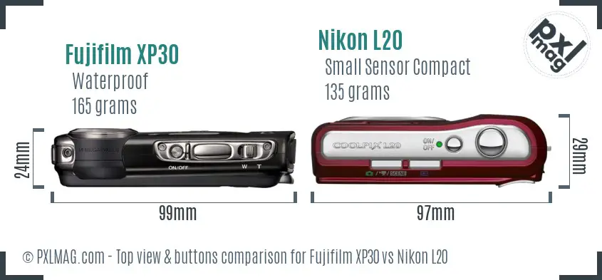 Fujifilm XP30 vs Nikon L20 top view buttons comparison
